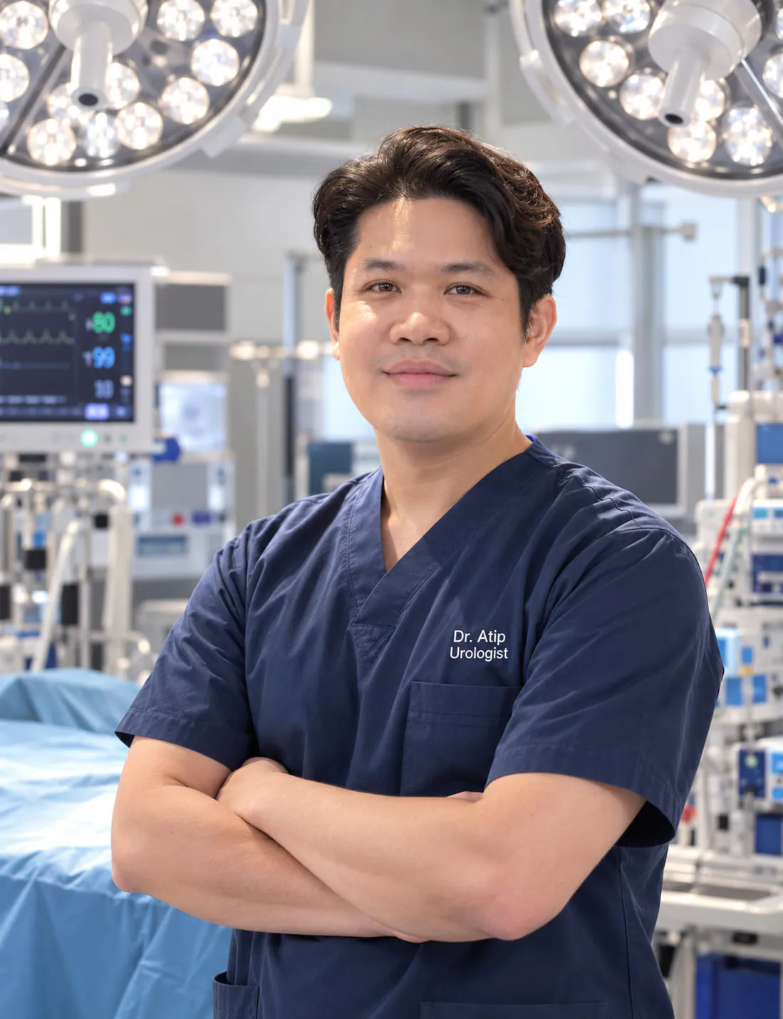 Dr. Atip Chatsudthipong in navy surgical scrubs in an operating room